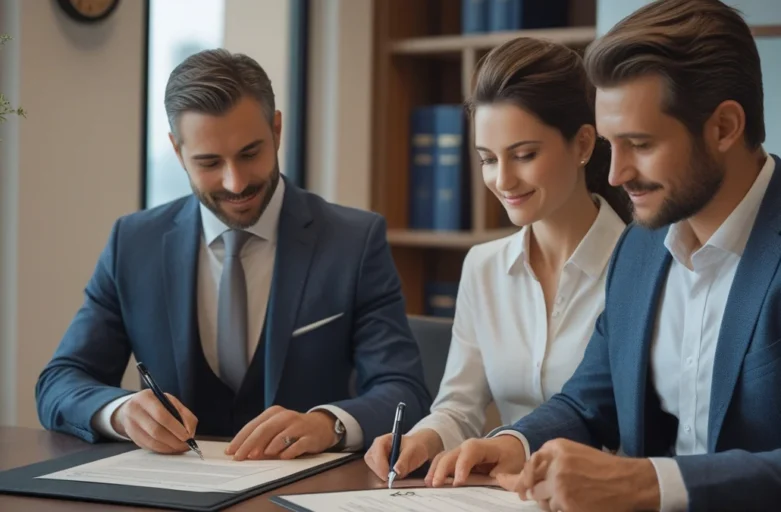 Um casal sentado à mesa de um escritório de advocacia, assinando a escritura de divórcio extrajudicial na presença de seu advogado, simbolizando um acordo amigável e bem assessorado.