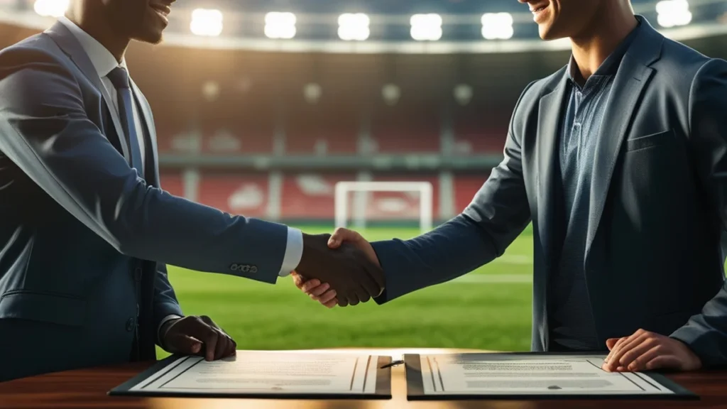 Advogado especialista em direito desportivo analisando contrato de trabalho e contrato de imagem de atleta profissional em escritório.