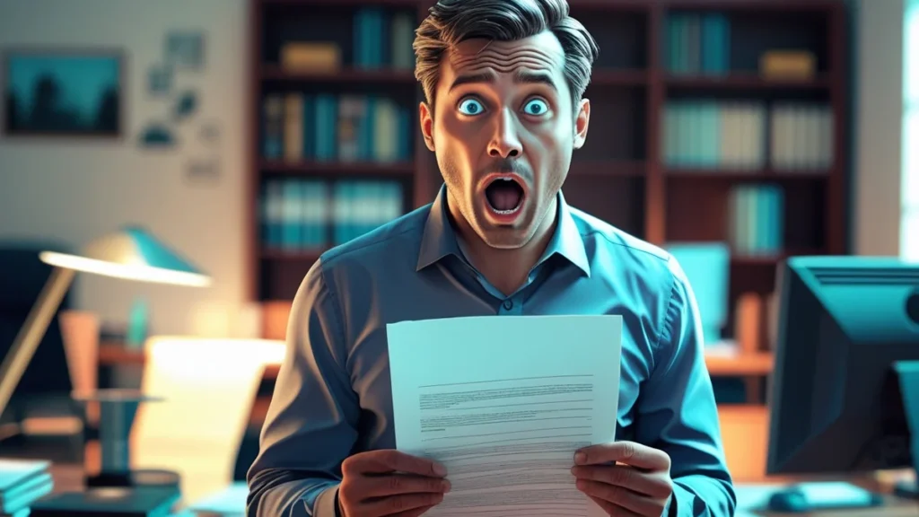 Homem analisando uma notificação de multa de trânsito com expressão de preocupação, representando o recebimento de uma multa para o carro errado.