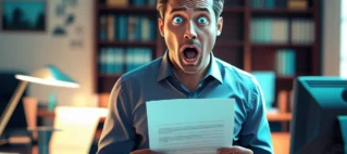 Homem analisando uma notificação de multa de trânsito com expressão de preocupação, representando o recebimento de uma multa para o carro errado.