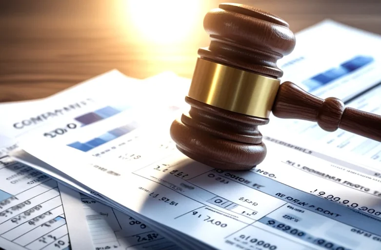 Um martelo da justiça sobre documentos fiscais, simbolizando as punições legais para empresas que sonegam impostos.