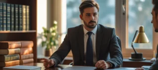 Advogado de família experiente realizando consulta sobre divórcio em escritório de advocacia.