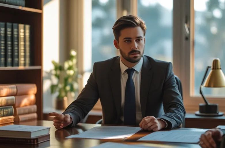 Advogado de família experiente realizando consulta sobre divórcio em escritório de advocacia.