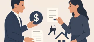 Um casal dividindo símbolos de dinheiro e propriedade, ilustrando a partilha de bens em divórcio sob o regime de separação total.