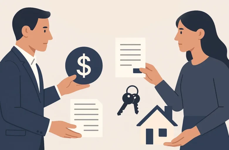 Um casal dividindo símbolos de dinheiro e propriedade, ilustrando a partilha de bens em divórcio sob o regime de separação total.