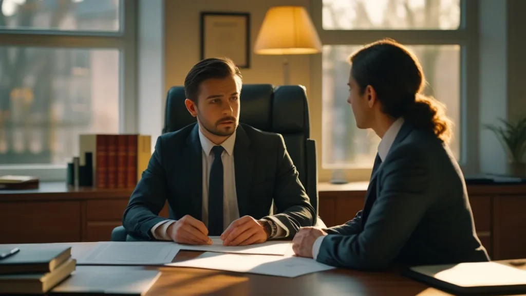 Advogado especialista em direito de família em reunião, explicando a um cliente as diferenças processuais entre o divórcio amigável e o divórcio litigioso.