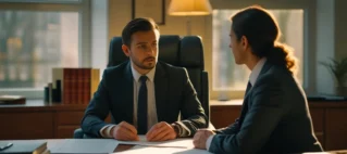 Advogado especialista em direito de família em reunião, explicando a um cliente as diferenças processuais entre o divórcio amigável e o divórcio litigioso.