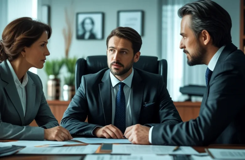 Advogado especialista em direito de família mostrando documentos de partilha de dívidas para um casal durante um processo de divórcio no escritório.