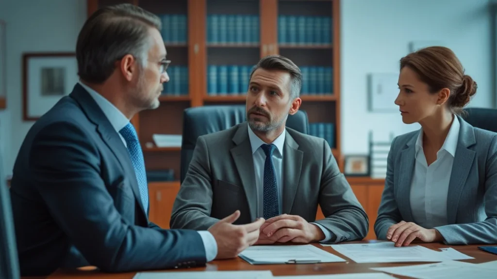 Trabalhador com aparência cansada (representando Burnout e assédio moral) conversando com advogado especialista em direitos trabalhistas sobre liderança abusiva.