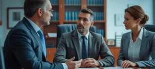 Trabalhador com aparência cansada (representando Burnout e assédio moral) conversando com advogado especialista em direitos trabalhistas sobre liderança abusiva.