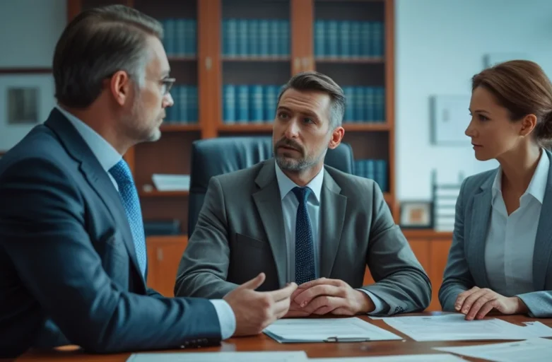 Trabalhador com aparência cansada (representando Burnout e assédio moral) conversando com advogado especialista em direitos trabalhistas sobre liderança abusiva.