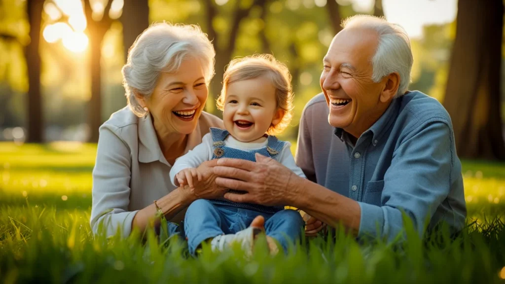 Avós sorrindo e brincando com neto em um parque, ilustrando o direito de convivência familiar e o vínculo afetivo intergeracional.