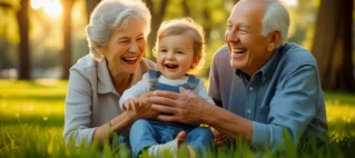Avós sorrindo e brincando com neto em um parque, ilustrando o direito de convivência familiar e o vínculo afetivo intergeracional.