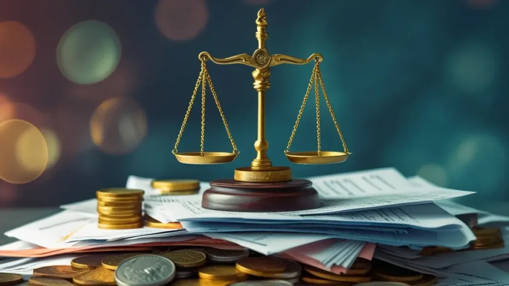 Balança da justiça sobre uma pilha de documentos e moedas, simbolizando a disputa judicial e o direito ao reembolso em casos de cancelamento de curso. A imagem representa o Código de Defesa do Consumidor (CDC) protegendo o aluno contra multas abusivas em contratos de cursos presenciais e online.