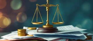 Balança da justiça sobre uma pilha de documentos e moedas, simbolizando a disputa judicial e o direito ao reembolso em casos de cancelamento de curso. A imagem representa o Código de Defesa do Consumidor (CDC) protegendo o aluno contra multas abusivas em contratos de cursos presenciais e online.