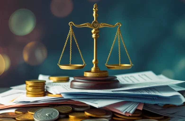 Balança da justiça sobre uma pilha de documentos e moedas, simbolizando a disputa judicial e o direito ao reembolso em casos de cancelamento de curso. A imagem representa o Código de Defesa do Consumidor (CDC) protegendo o aluno contra multas abusivas em contratos de cursos presenciais e online.