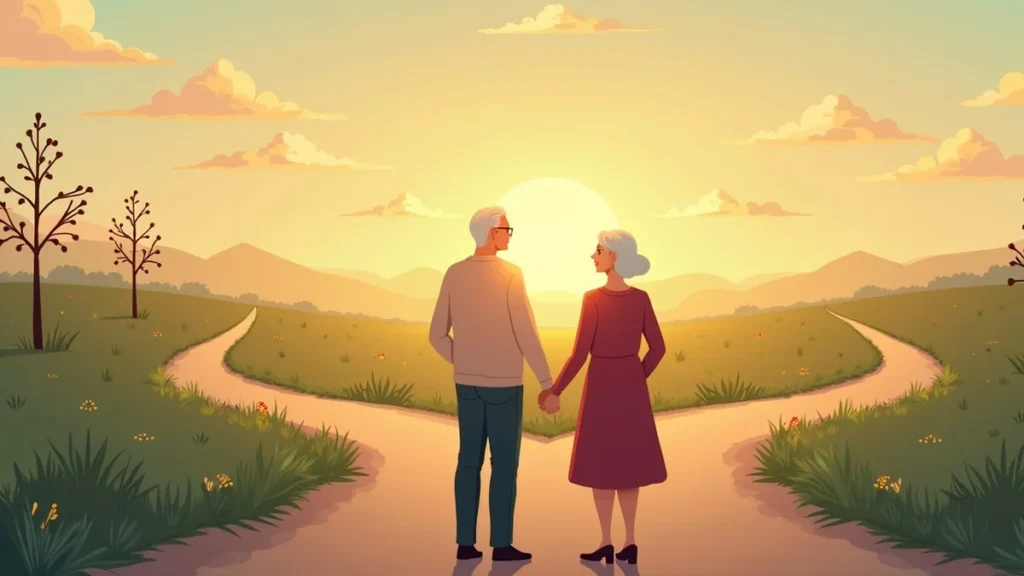 Ilustração de dois caminhos divergentes para um casal idoso, simbolizando o divórcio tardio, com foco em segurança jurídica.