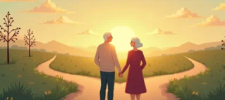 Ilustração de dois caminhos divergentes para um casal idoso, simbolizando o divórcio tardio, com foco em segurança jurídica.