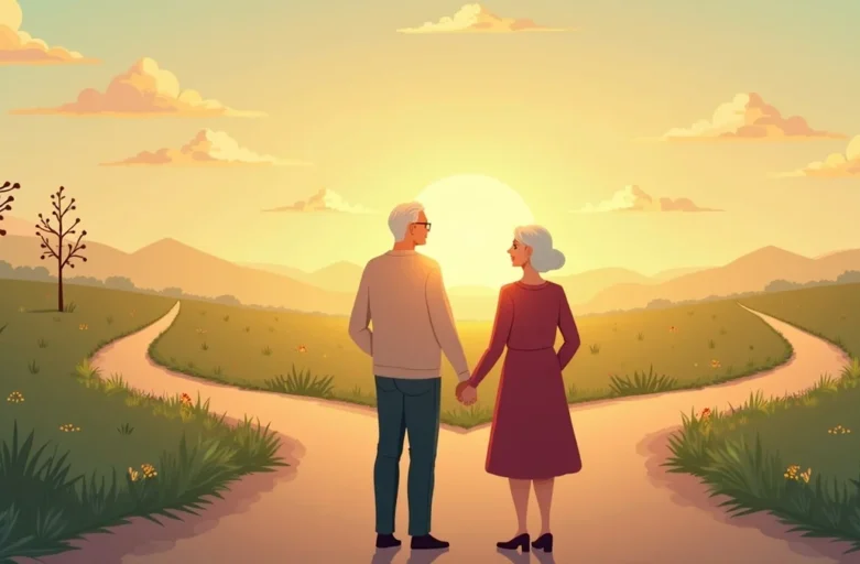 Ilustração de dois caminhos divergentes para um casal idoso, simbolizando o divórcio tardio, com foco em segurança jurídica.