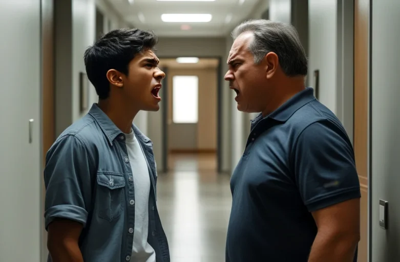 Briga de Vizinhos no Condomínio: Quando Procurar Ajuda Jurídica? Duas pessoas discutindo em um corredor de condomínio, ilustrando conflito entre vizinhos e a necessidade de ajuda jurídica.