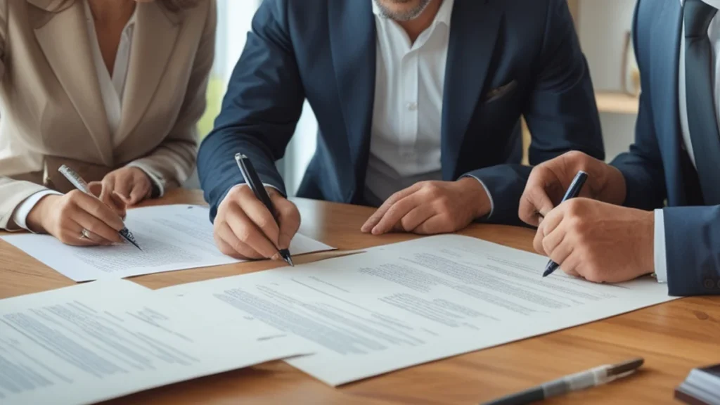 Mãos assinando documentos sobre contrato de aluguel, representando a regularização jurídica da locação após a morte do locador.