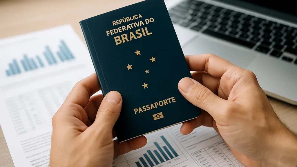 Mãos segurando um passaporte brasileiro sobre documentos financeiros e um notebook, ilustrando o planejamento da declaração de saída definitiva do país.