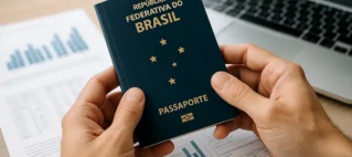 Mãos segurando um passaporte brasileiro sobre documentos financeiros e um notebook, ilustrando o planejamento da declaração de saída definitiva do país.