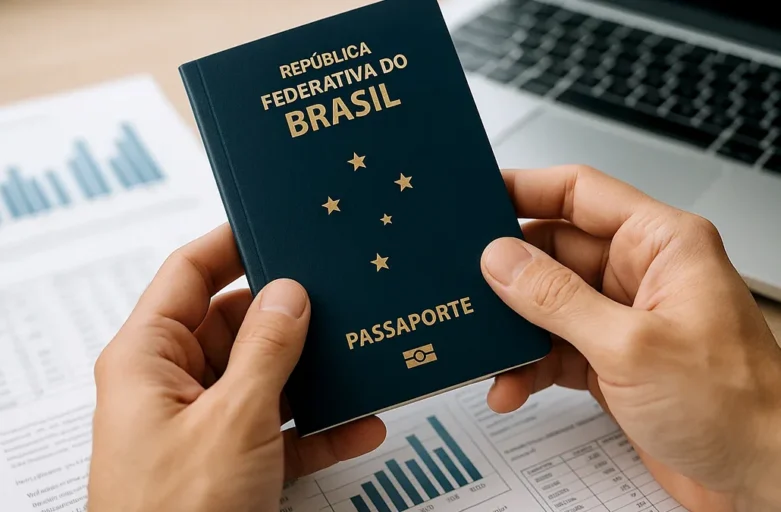 Mãos segurando um passaporte brasileiro sobre documentos financeiros e um notebook, ilustrando o planejamento da declaração de saída definitiva do país.