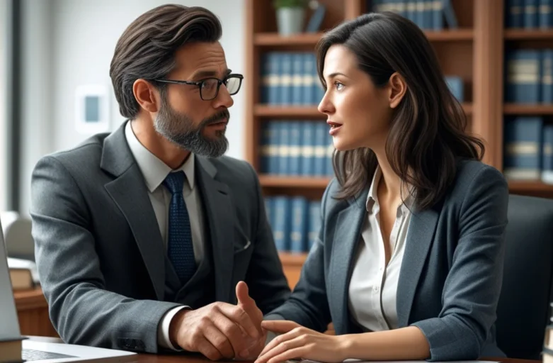 Mulher conversando com advogado especialista em direitos da mulher no divórcio em escritório, analisando documentos.