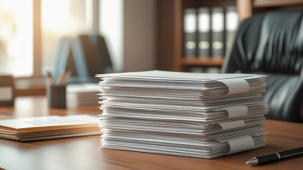 Uma pilha organizada de documentos, representando a prova documental essencial no processo de divórcio e a estratégia de um advogado de família.