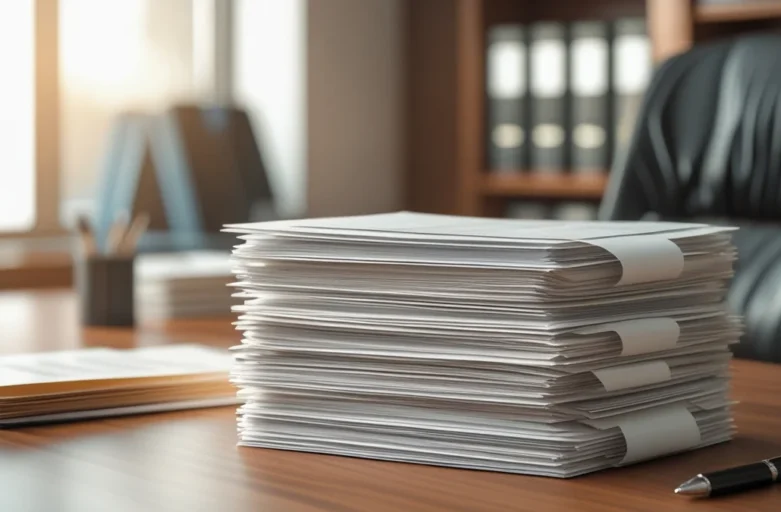 A importância da prova documental no processo de divórcio Uma pilha organizada de documentos, representando a prova documental essencial no processo de divórcio e a estratégia de um advogado de família.