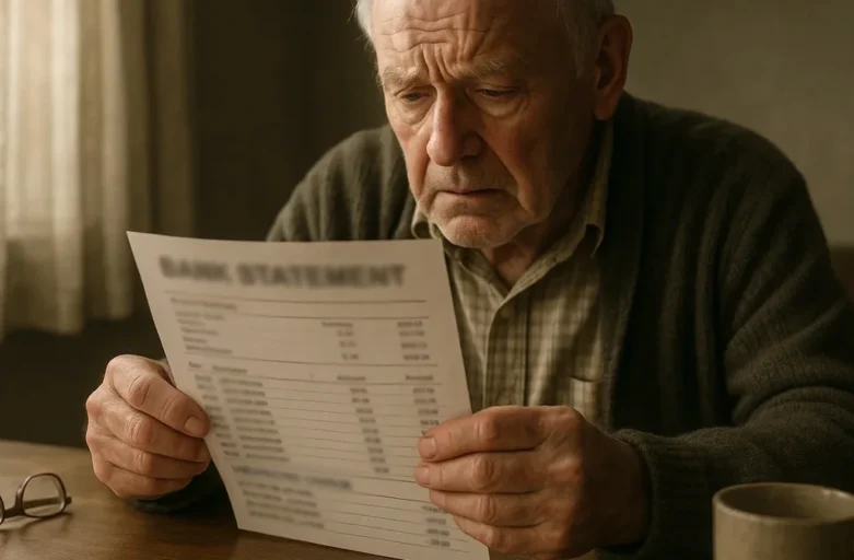 Um aposentado olhando um extrato bancário com expressão de preocupação, ilustrando o artigo sobre o que fazer ao ser vítima de um empréstimo consignado sem pedir.