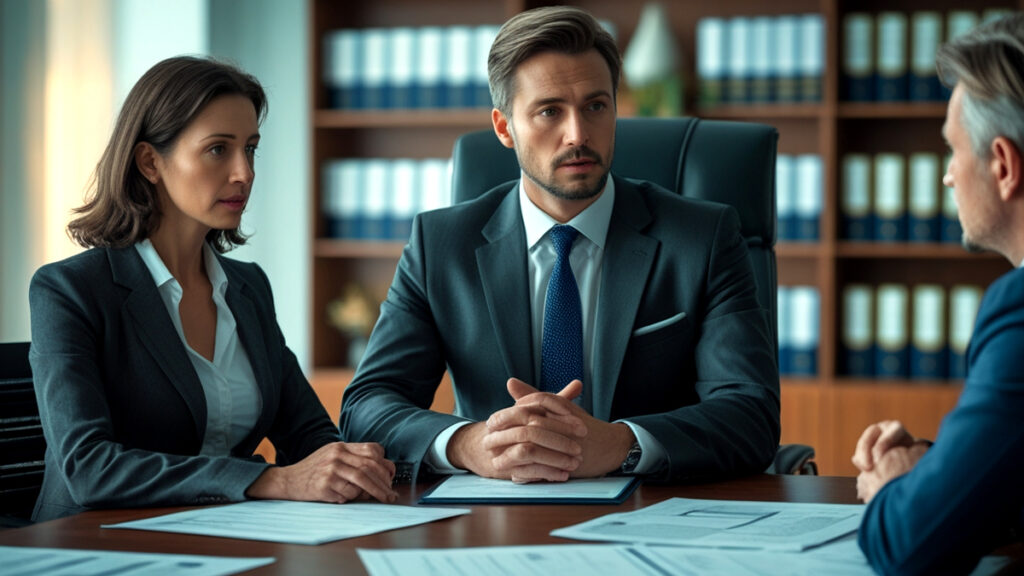 Advogado especialista explicando o organograma de uma holding familiar para um casal em reunião sobre planejamento sucessório e proteção patrimonial.
