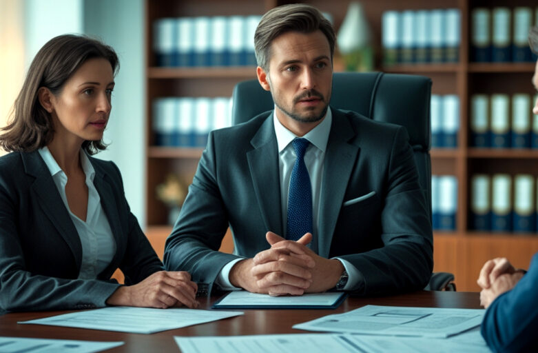 Holding familiar: a estrutura ideal para preservar e transmitir seu patrimônio Advogado especialista explicando o organograma de uma holding familiar para um casal em reunião sobre planejamento sucessório e proteção patrimonial.