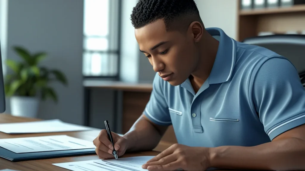 Trabalhador assinando termo de rescisão de contrato de trabalho em escritório, representando o momento da demissão sem justa causa e conferência de direitos.