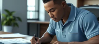 Trabalhador assinando termo de rescisão de contrato de trabalho em escritório, representando o momento da demissão sem justa causa e conferência de direitos.