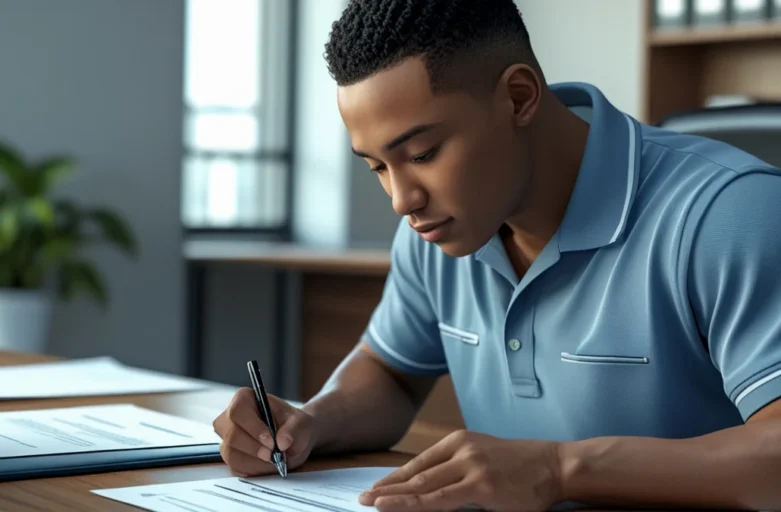 Direitos ao ser demitido sem justa causa: o que você precisa saber Trabalhador assinando termo de rescisão de contrato de trabalho em escritório, representando o momento da demissão sem justa causa e conferência de direitos.