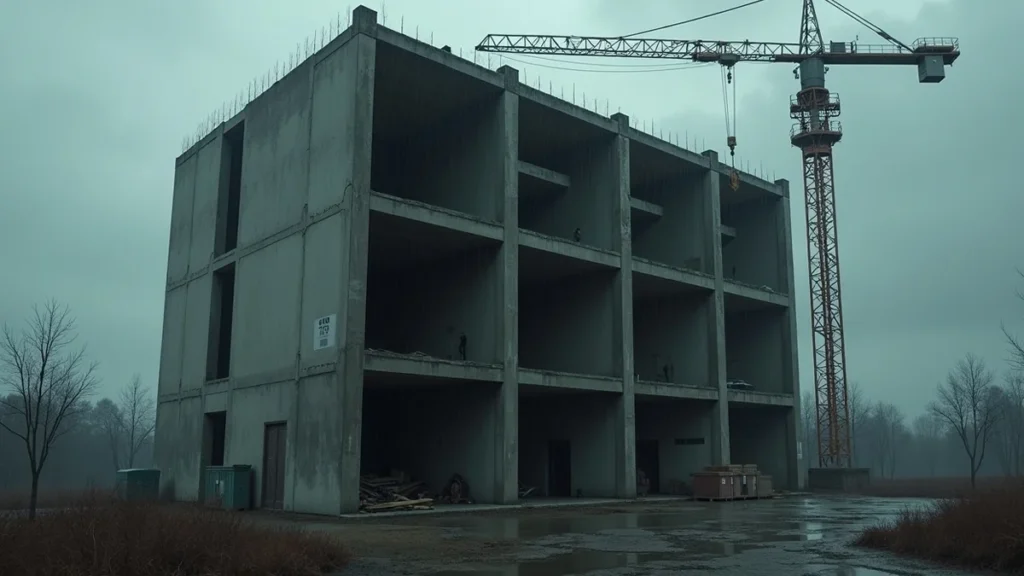 Imagem de um prédio com obras paralisadas e guindaste, simbolizando abandono de empreendimento e a necessidade de ação legal.
