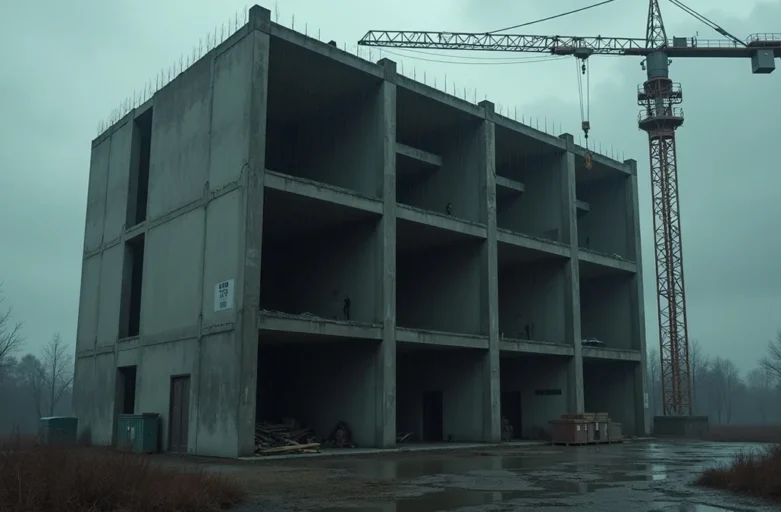 Imagem de um prédio com obras paralisadas e guindaste, simbolizando abandono de empreendimento e a necessidade de ação legal.