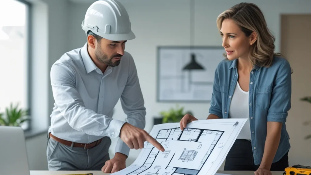 Casal analisando planta de reforma de imóvel com contrato de seguro residencial sobre a mesa, representando a análise de riscos e cobertura.