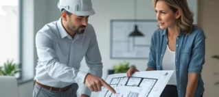 Casal analisando planta de reforma de imóvel com contrato de seguro residencial sobre a mesa, representando a análise de riscos e cobertura.