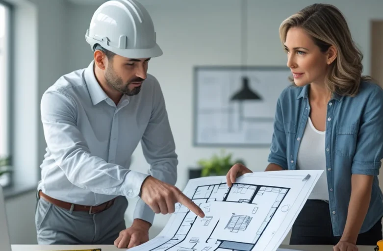 Seguro Residencial e Alterações Estruturais: Cobertura e Exclusões. Casal analisando planta de reforma de imóvel com contrato de seguro residencial sobre a mesa, representando a análise de riscos e cobertura.