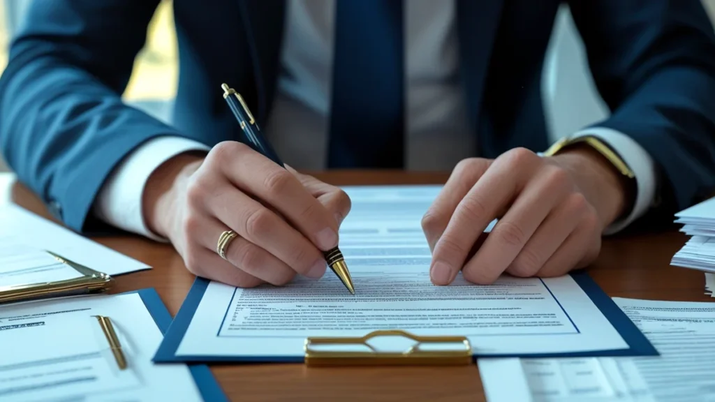 Mãos assinando contrato de compra e venda de imóvel em inventário sobre mesa de escritório, representando a regularização jurídica de bens de falecido.