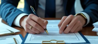 Mãos assinando contrato de compra e venda de imóvel em inventário sobre mesa de escritório, representando a regularização jurídica de bens de falecido.