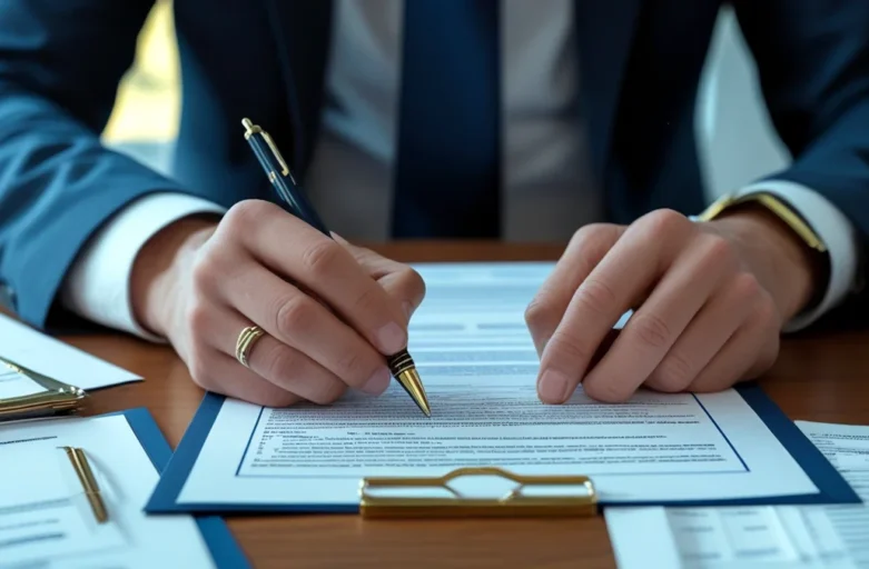 Mãos assinando contrato de compra e venda de imóvel em inventário sobre mesa de escritório, representando a regularização jurídica de bens de falecido.