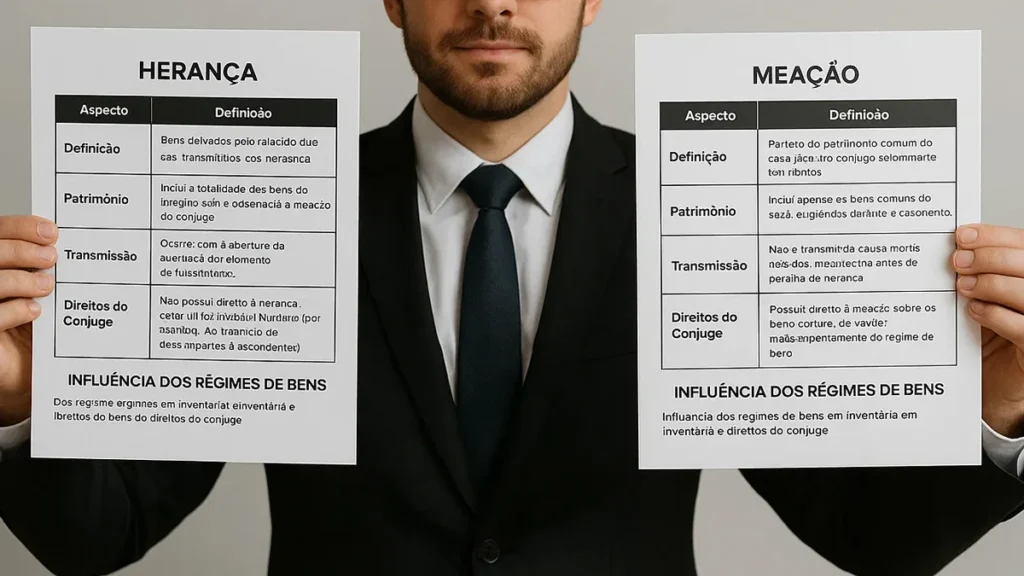 Tabela comparativa detalhando a diferença entre herança e meação e a influência dos regimes de bens no inventário e direitos do cônjuge.