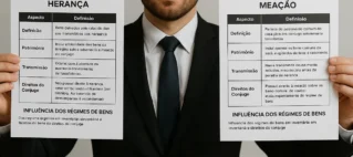 Tabela comparativa detalhando a diferença entre herança e meação e a influência dos regimes de bens no inventário e direitos do cônjuge.