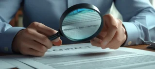 Pessoa analisando contrato com lupa, destacando a revisão de cláusulas abusivas e direitos do consumidor em contratos de adesão.