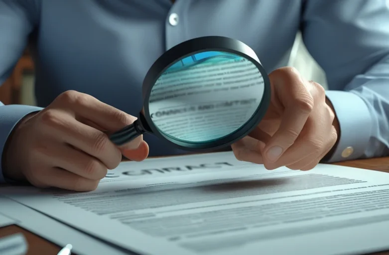 Pessoa analisando contrato com lupa, destacando a revisão de cláusulas abusivas e direitos do consumidor em contratos de adesão.