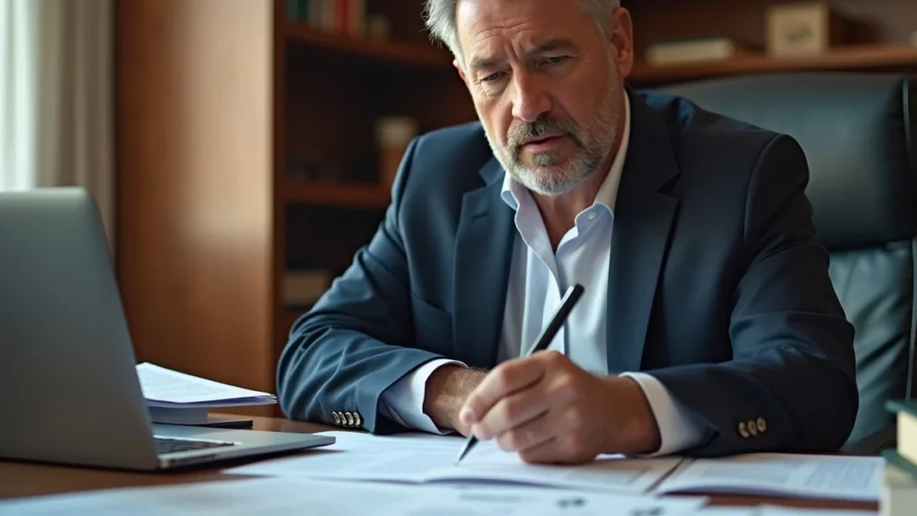 Advogado analisando documentos de apólice de seguro auto sobre mesa de escritório, focado em evitar fraude e negativa de indenização.